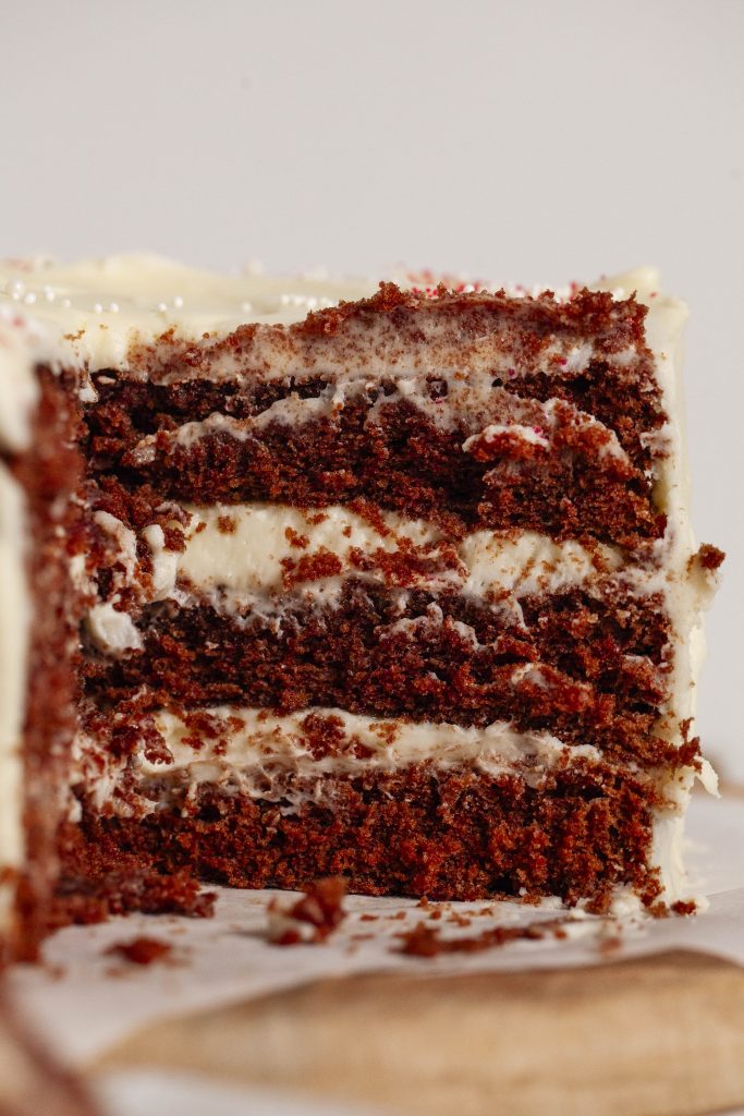 inside layers of a red velvet cake