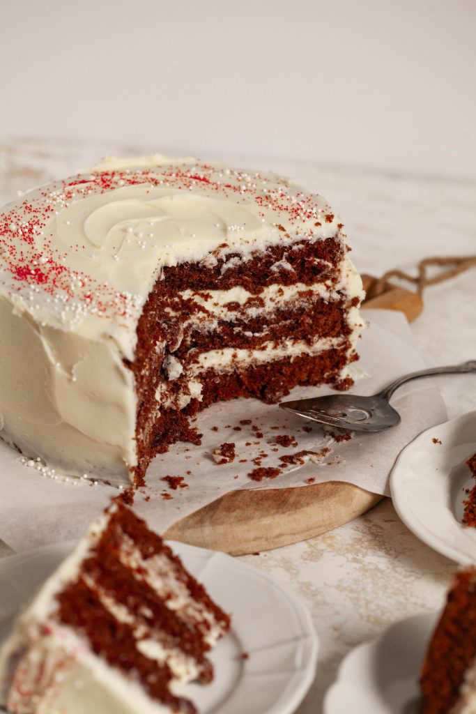 red velvet cake cut into pieces.