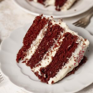a piece of red velvet cake on a plate